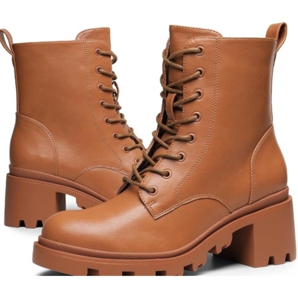 Dream Pairs Women Tan Faux Leather Lace Up Chunky Heel‎ Combat Boots Size 9 NEW